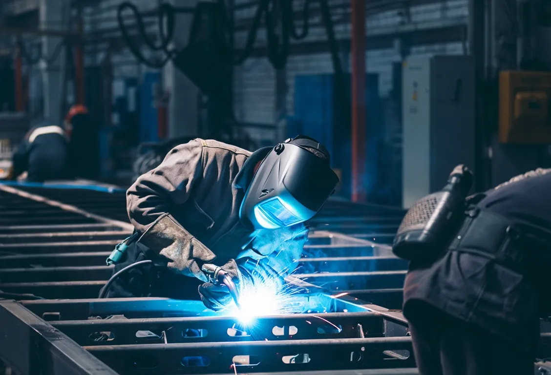 Рабочий производит сварку металлоконструкций на заводе металлоконструкций